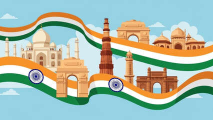Indian monuments with waving national flag illustration, india heritage symbols, cultural landmarks, patriotism, national pride, historical architecture, india tourism