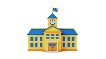 Cartoon School Building with Clock Tower and Flag