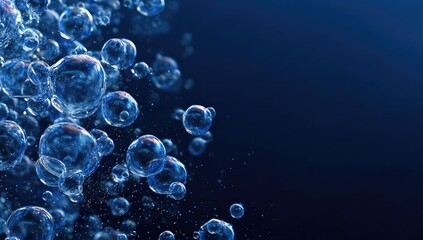 Abstract shimmering blue spheres with tiny particles in dark water