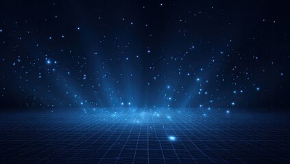 Digital grid floor with glowing blue particles ascending into dark space