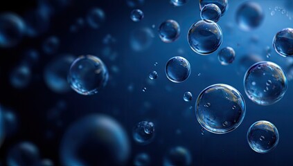 Transparent spheres float in a dark blue, hazy, underwater environment