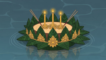 A serene krathong with three lit candles and incense sticks floating on rippling water surrounded by green leaves and gold floral decorations for loy krathong festival