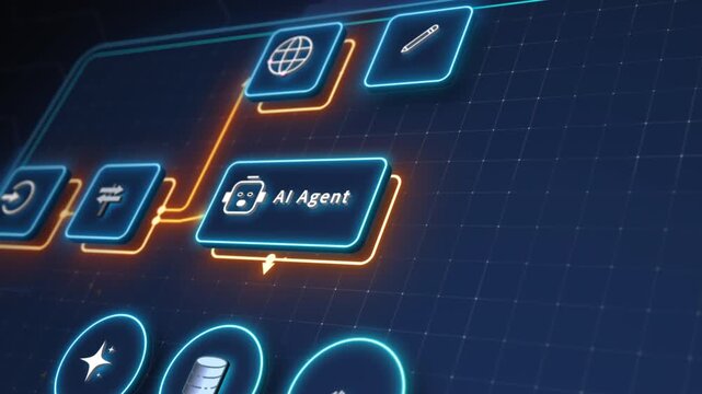 AI agent automation workflow interface with connected nodes on futuristic digital dashboard technology