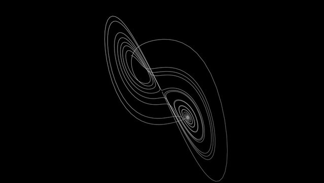 Intricate abstract chaotic attractor pattern on a dark background, representing complex systems and scientific concepts.