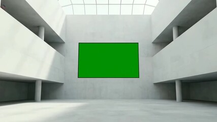 Minimalist exhibition space with bright green square display on white wall and modern ceiling lights - Powered by Adobe