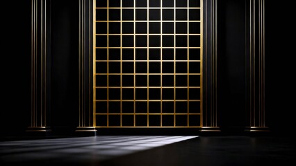 Executive regulatory framework visualization with dark gold geometry on black background.