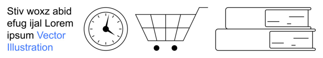E-commerce, time management, education, learning resources, productivity, retail. Minimalist line art a clock, shopping cart and stacked books. E-commerce and time management © robu_s