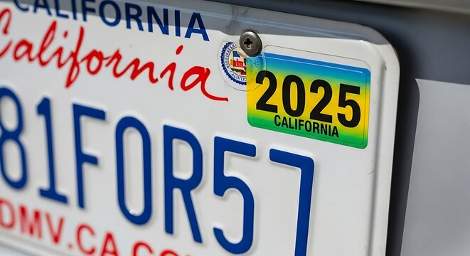 California License Plate with 2025 Registration Sticker Close-Up.