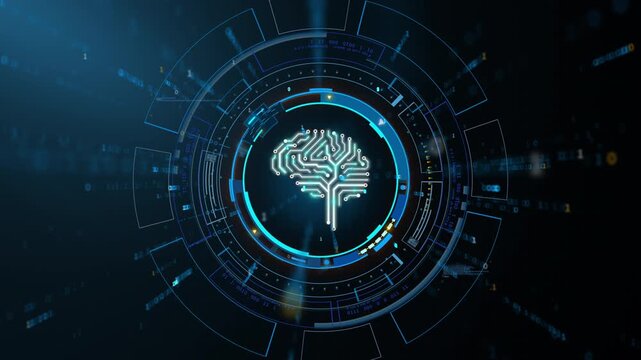 Futuristic AI brain interface with digital circuit visualization for data technology background, zoom out