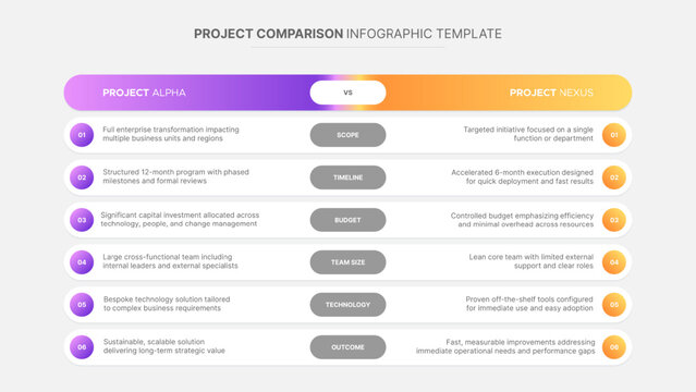 Project Process Workflow Comparison Chart Diagram Table with 6 Features Options Infographic Template