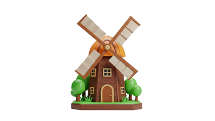 Cartoon Windmill with Trees and Grass