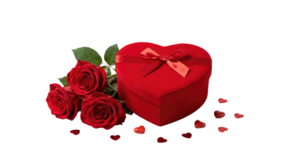A red heart shaped box beside red roses and dark small round objects are displayed on a white surface no background