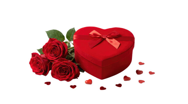 A red heart shaped box beside red roses and dark small round objects are displayed on a white surface no background