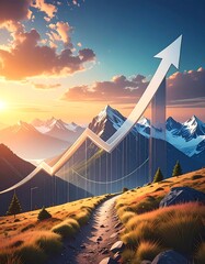 Scenic mountain vista with rising arrow graph overlay, sunlit sky