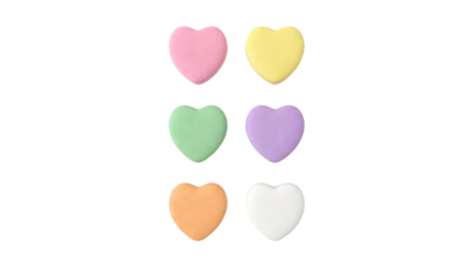 Six pastel colored candy hearts arranged in a grid pattern with pink yellow green purple transparent background and plain white background