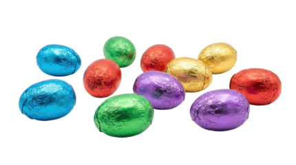 Assorted colorful easter eggs in red, green, blue, yellow and purple hues are grouped together on a plain studio shot on white and transparent