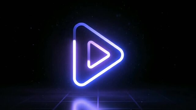Neon play icon glowing in dark cosmic space with starry background and light reflection