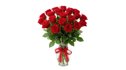 A bouquet of red roses with green leaves and a red bow at the base of the stems is centrally located in the solid white background and no background