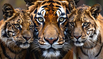 Close-up Portrait of Three Majestic Tigers with Intense Gaze