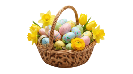 Easter basket filled with pastel colored eggs and yellow flowers, a woven handle is visible white background cutout