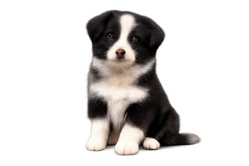 Fototapeta premium Border collie puppy sitting, looking at the camera, a cute black and white domestic animal with transparent background
