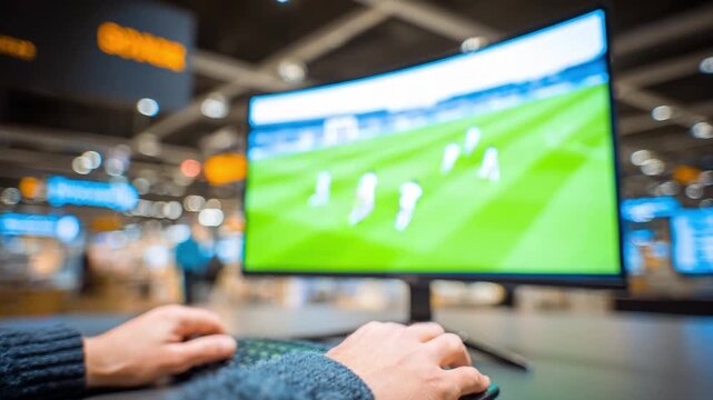 Game Time: A person is playing game in front of screen, the display showing live game