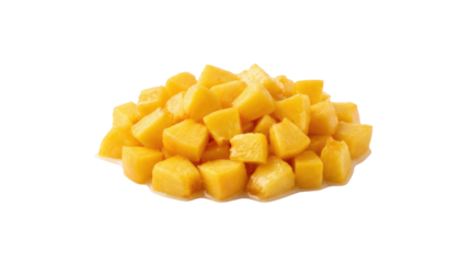 A small pile of irregularly shaped yellow cubes are clustered together in a central composition on a plain background isolated on white
