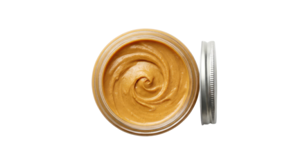 Open container of peanut butter with a silver lid sitting next to it, viewed from above, isolated on a neutral background with png background