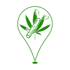 Cannabis smoking location for Cannabis stores, Marijuana sellers, Wooden bong with smoke and Cannabis leaves on location map marker icon