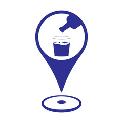 Liquor store map location marker icon for alcoholic drink sellers. Bottles and Glasses of alcohol drinking on a location marker