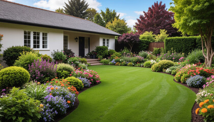 Beautifully Landscaped Front Yard with Manicured Green Lawn and Colorful Topiary Shrubs.