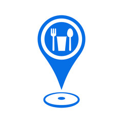 Fork, Spoon, and Paper cup on a dish. Food court, Canteen and Restaurant  Location vector symbol.