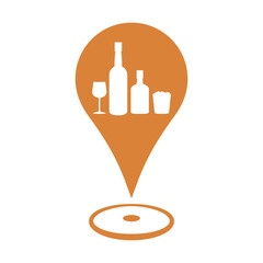 Liquor store map location marker icon for alcoholic drink sellers. Bottles and Glasses of alcohol drinking on a location marker