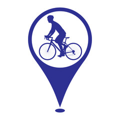Bicycle location icon for Bicycle lane and Bicycle Stores. Cyclist riding a road bike on a location marker