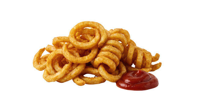 Pile of curly fries with visible golden brown color and a dollop of red sauce on a white surface in the presented image
