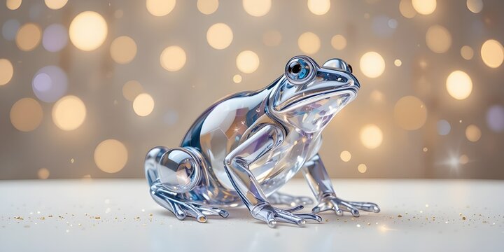 Stunning glass frog sculpture with blue eyes on white surface with bokeh lights