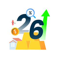 Vector illustration of the year 2026 with various investment instruments. Concept of investment outlook, financial growth, asset diversification, and future wealth planning