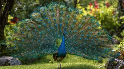Majestic peacock displaying feathers outdoors natural beauty colorful display