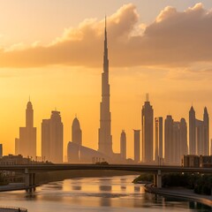 Naklejka premium Stunning Dubai Skyline at Night with Burj Khalifa A Hyper Realistic Cityscape Photograph 