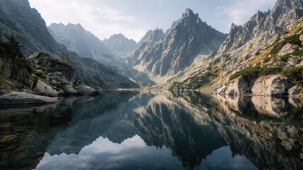 Mountain peaks reflecting in a still lake landscape photography