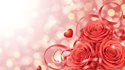 Romantic red roses and hearts on a pink bokeh background with ribbons and lights