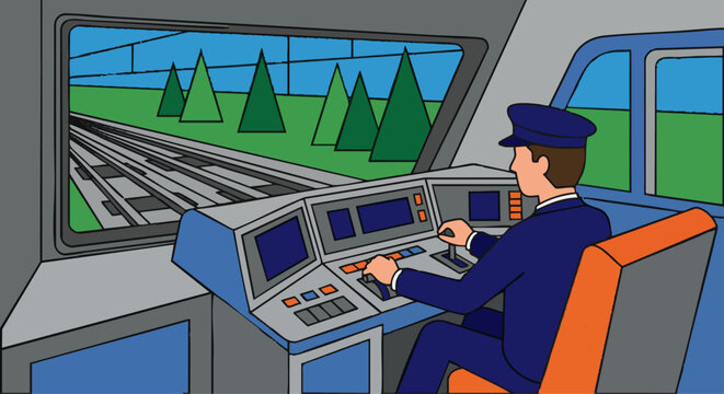 &ldquo;Train driver sitting inside the train cabin, hands on control panel, large front window showing railway tracks as simple flat shapes, flat vector illustration