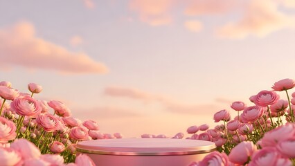 A serene landscape with pink flowers and a shiny pink podium on a sunny day with clouds