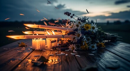 Candlelit Flowers on Wooden Table at Dusk - A Serene Still Life.