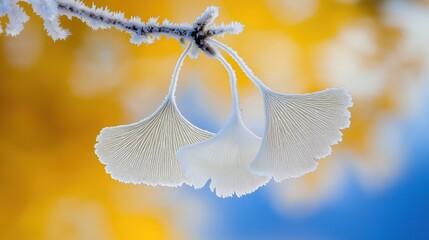 Ginkgo leaves hanging on branches covered with frost and rime against a bright yellow background