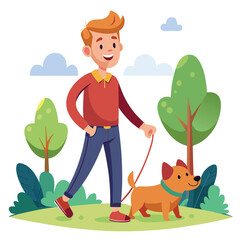 Boy and man playing with their dog in the park cartoon illustration