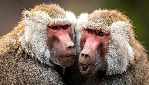 Close-up of two baboon primates face-to-face, showcasing red faces - Powered by Adobe