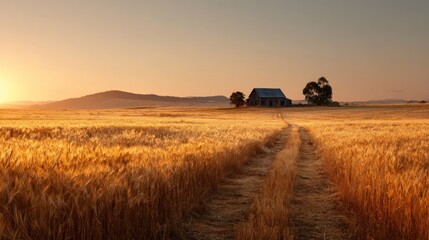 Golden wheat field with dirt path leading to a farmhouse at sunset