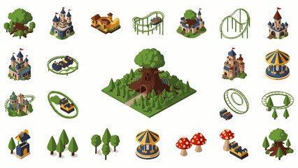 Fototapeta premium Amusement Park Isometric Icons: Castle, Roller Coaster, Carousel, Trees, Mushrooms, and Rides