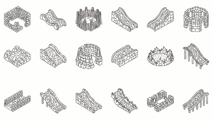 Isometric Set of Stone Castle Playground Elements for Kids, Medieval Fantasy Theme, Vector Illustration © Indhgraphy Visual